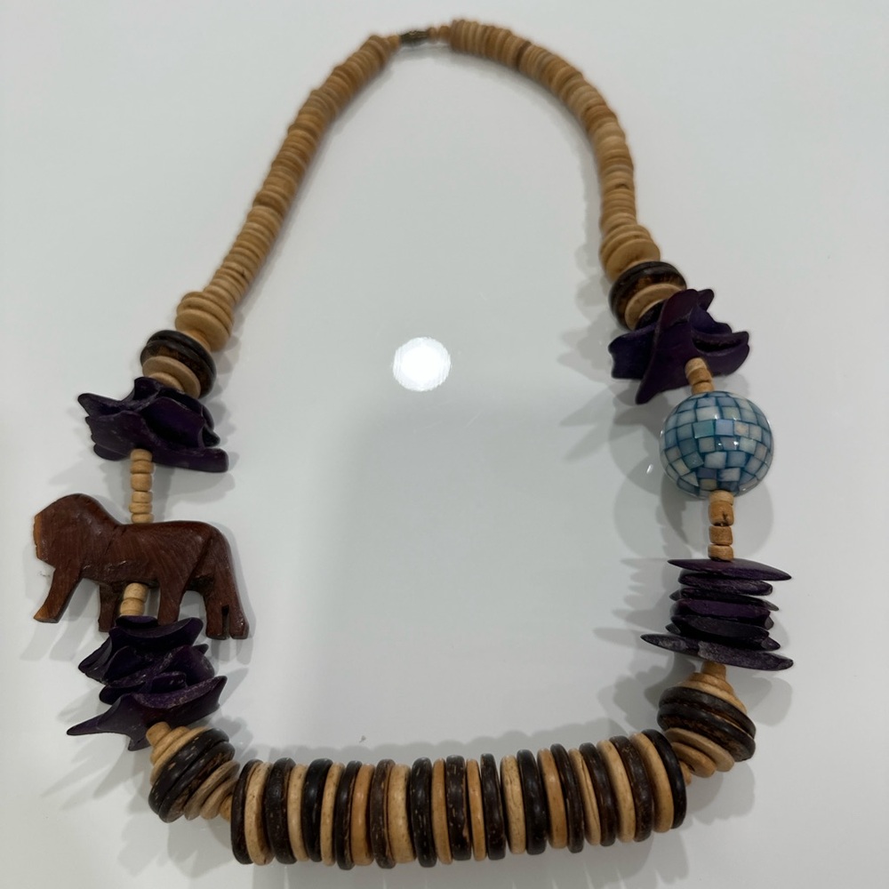 Handcrafted Wooden lion Necklace - Purple and Brown